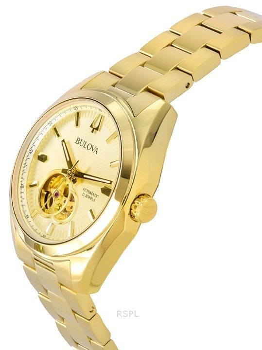 Bulova Surveyor Gold Tone Stainless Steel Open Heart Champagne Dial Automatic 97A182 Men's Watch