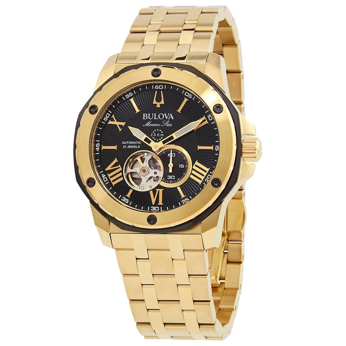 Bulova Marine Star Open Heart Black Dial Automatic Diver's 98A273 200M Men's Watch