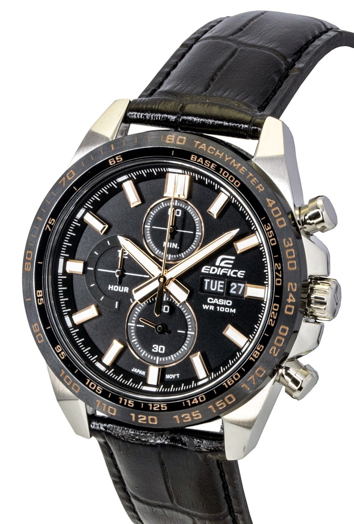 Casio Edifice Analog Chronograph Leather Strap Black Dial Quartz EFR-574BL-1AV 100M Men's Watch