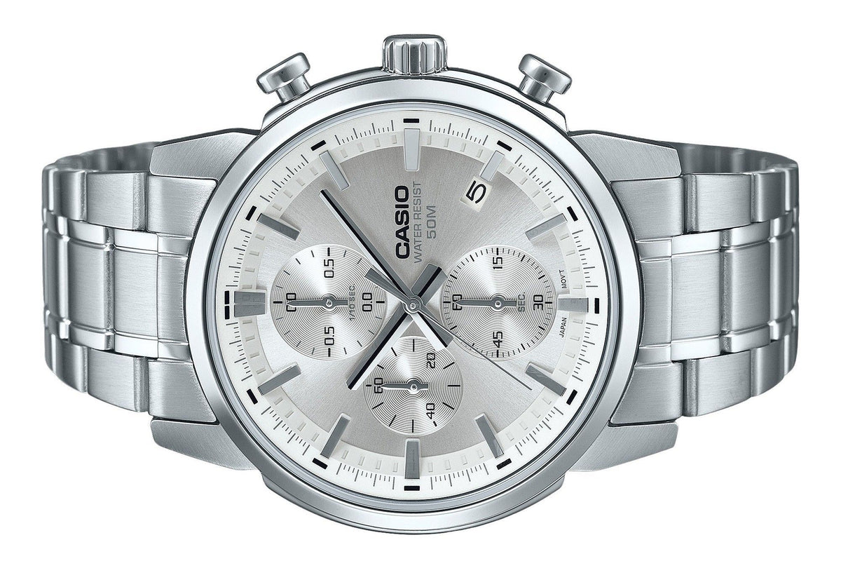 Casio Standard Analog Chronograph Stainless Steel Silver Dial Quartz MTP-E510D-7AV Men's Watch