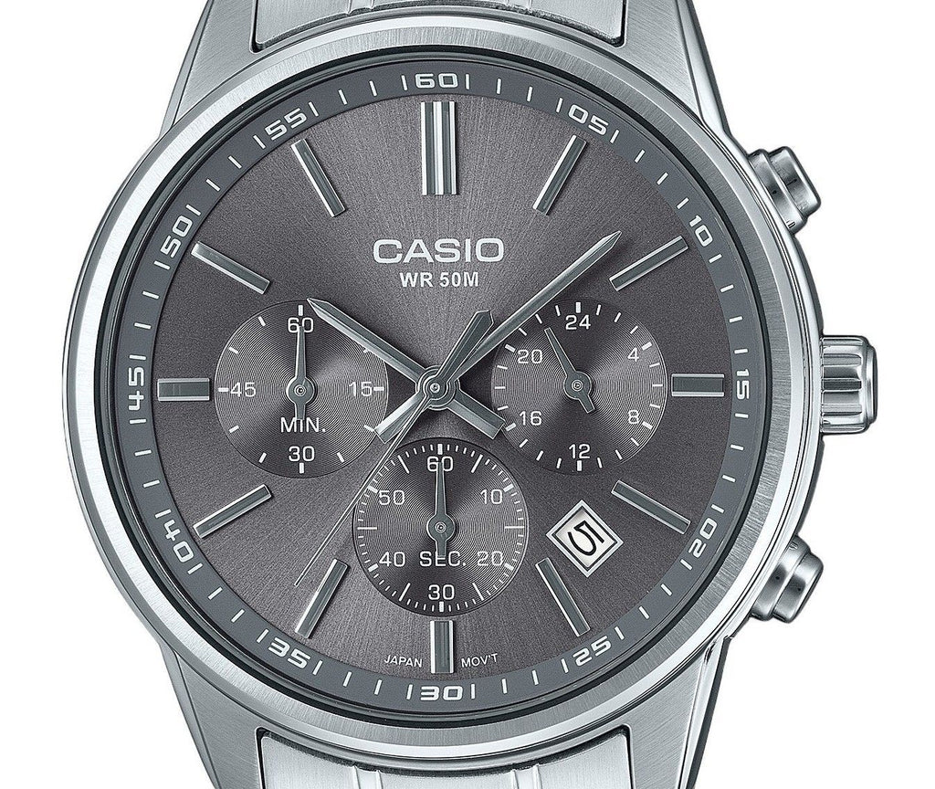 Casio Standard Analog Chronograph Stainless Steel Grey Dial Quartz MTP-E515D-8AV Men's Watch