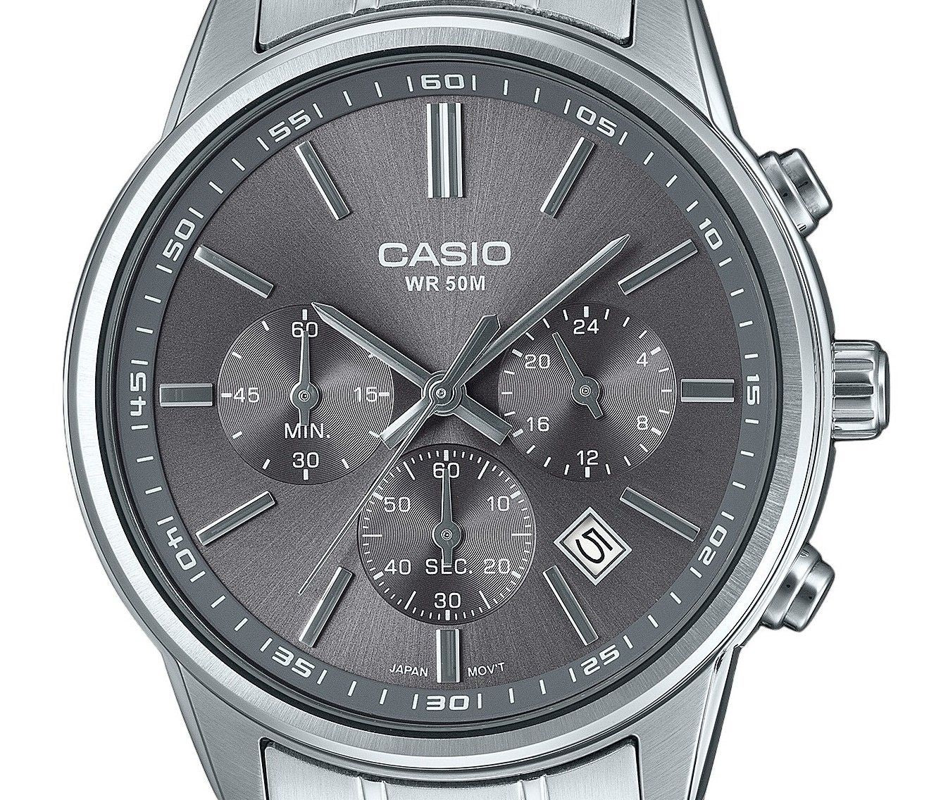 Casio Standard Analog Chronograph Stainless Steel Grey Dial Quartz MTP-E515D-8AV Men's Watch