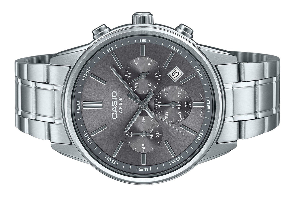 Casio Standard Analog Chronograph Stainless Steel Grey Dial Quartz MTP-E515D-8AV Men's Watch