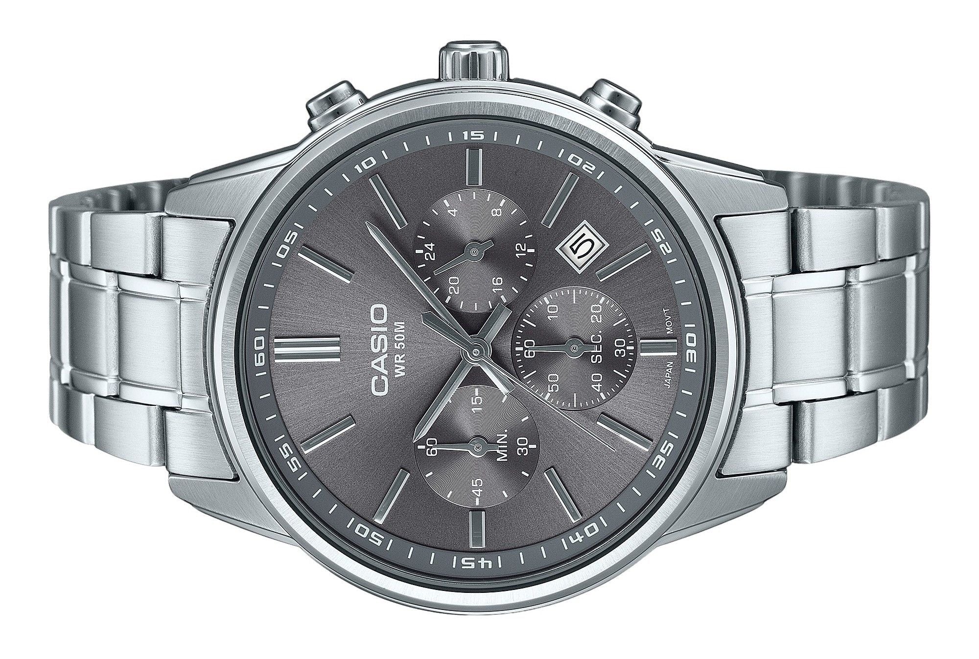 Casio Standard Analog Chronograph Stainless Steel Grey Dial Quartz MTP-E515D-8AV Men's Watch