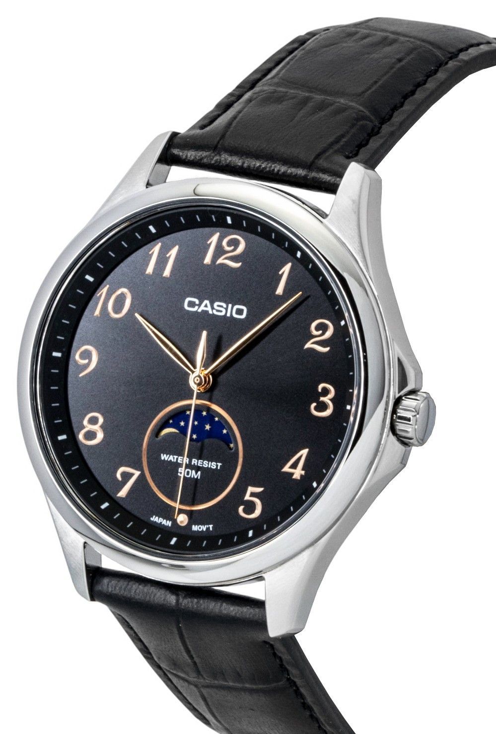 Casio Standard Analog Moon Phase Leather Strap Black Dial Quartz MTP-M110L-1AV Men's Watch