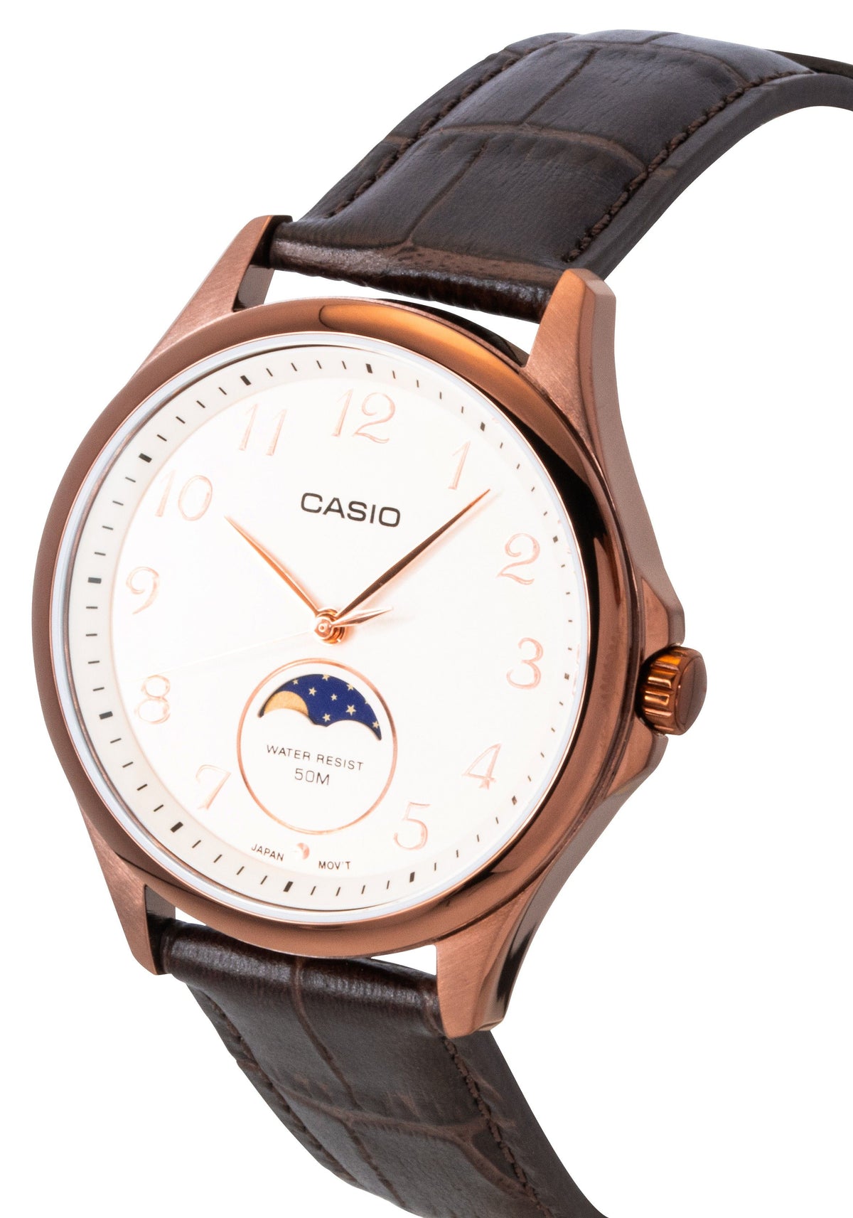 Casio Standard Analog Moon Phase Leather Strap Ivory Dial Quartz MTP-M110RL-5AV Men's Watch