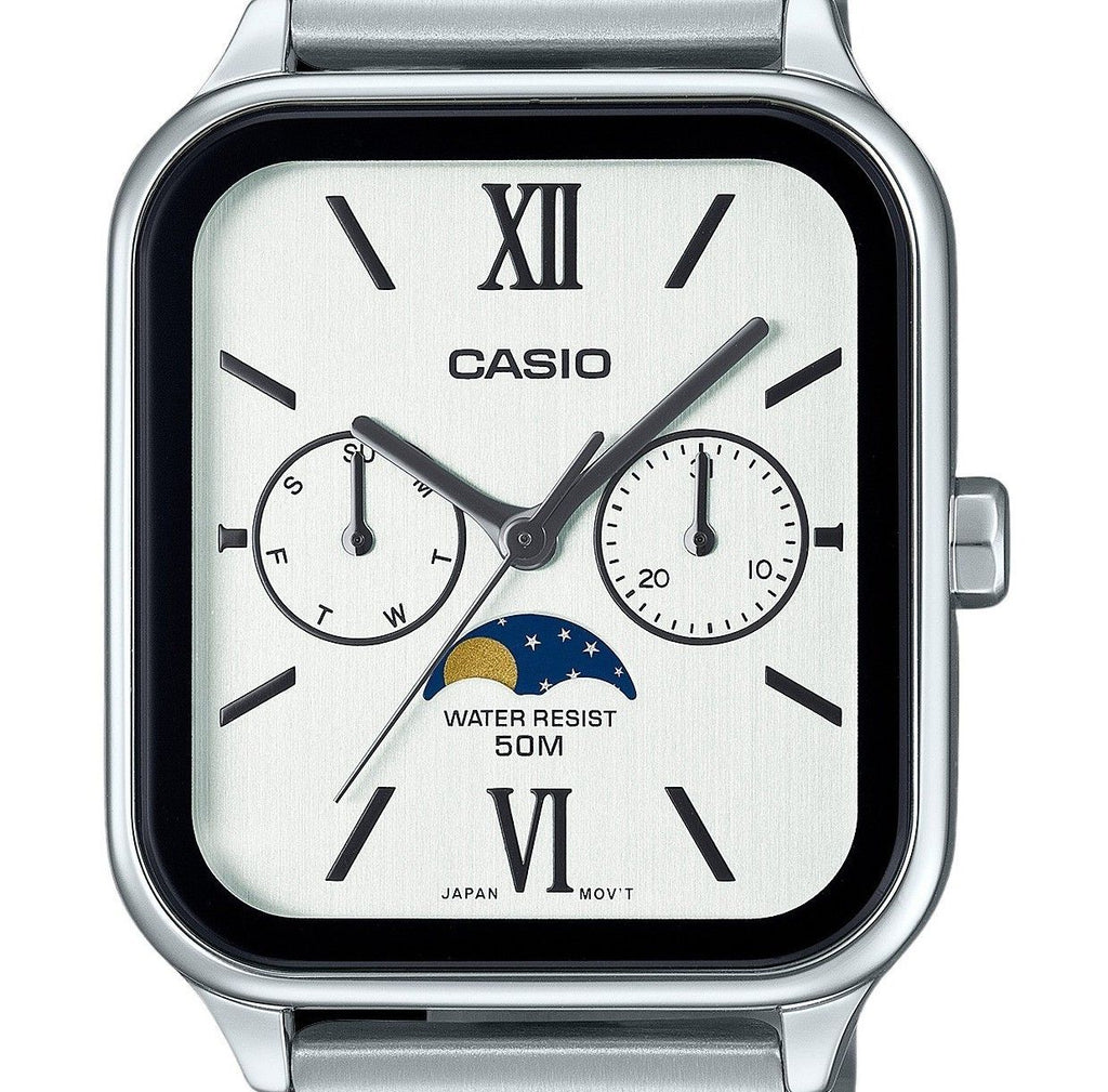 Casio Standard Analog Moon Phase Stainless Steel White Dial Quartz MTP-M305D-7A2V Men's Watch