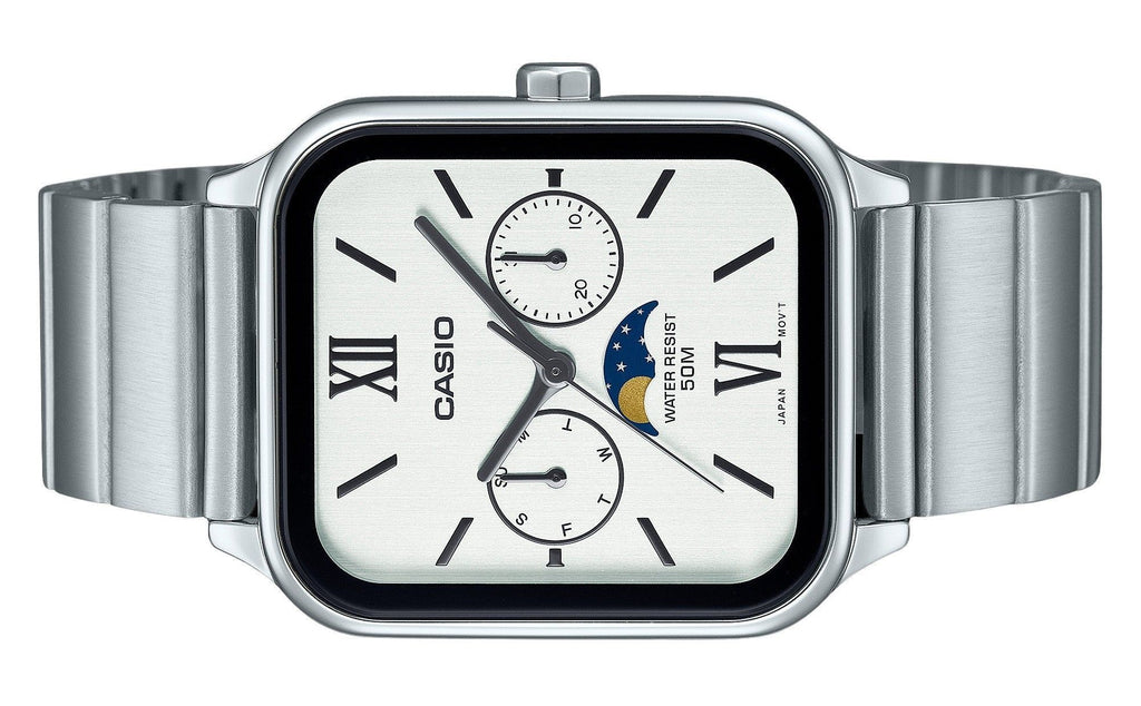 Casio Standard Analog Moon Phase Stainless Steel White Dial Quartz MTP-M305D-7A2V Men's Watch