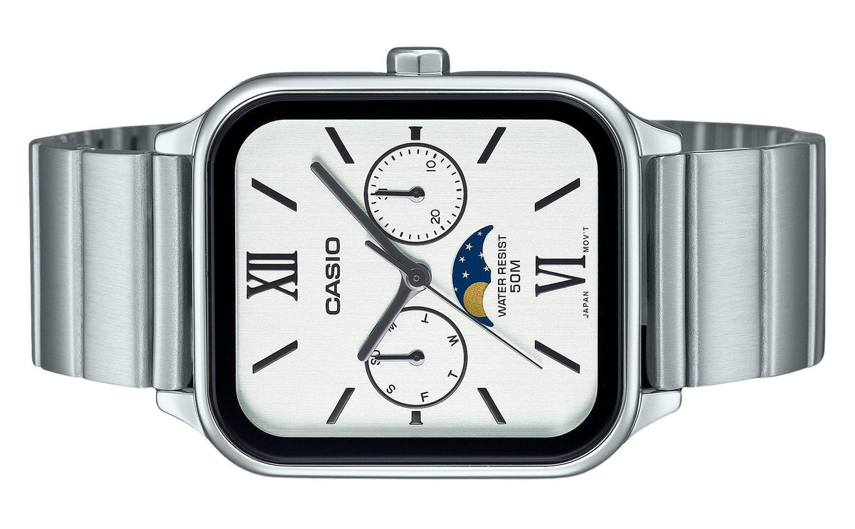 Casio Standard Analog Moon Phase Stainless Steel White Dial Quartz MTP-M305D-7A2V Men's Watch