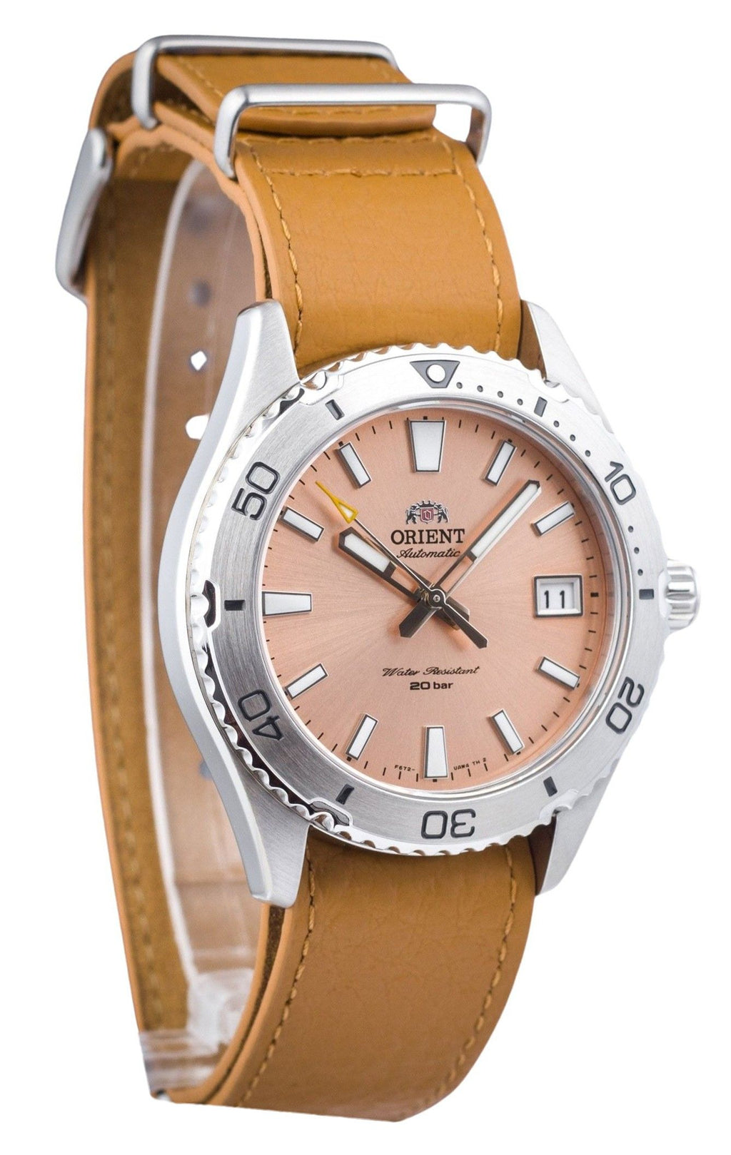 Orient Sports Leather Strap Apricot Dial Automatic Diver's RA-AC0Q05P10B RA-AC0Q05P30B 200M Men's Watch