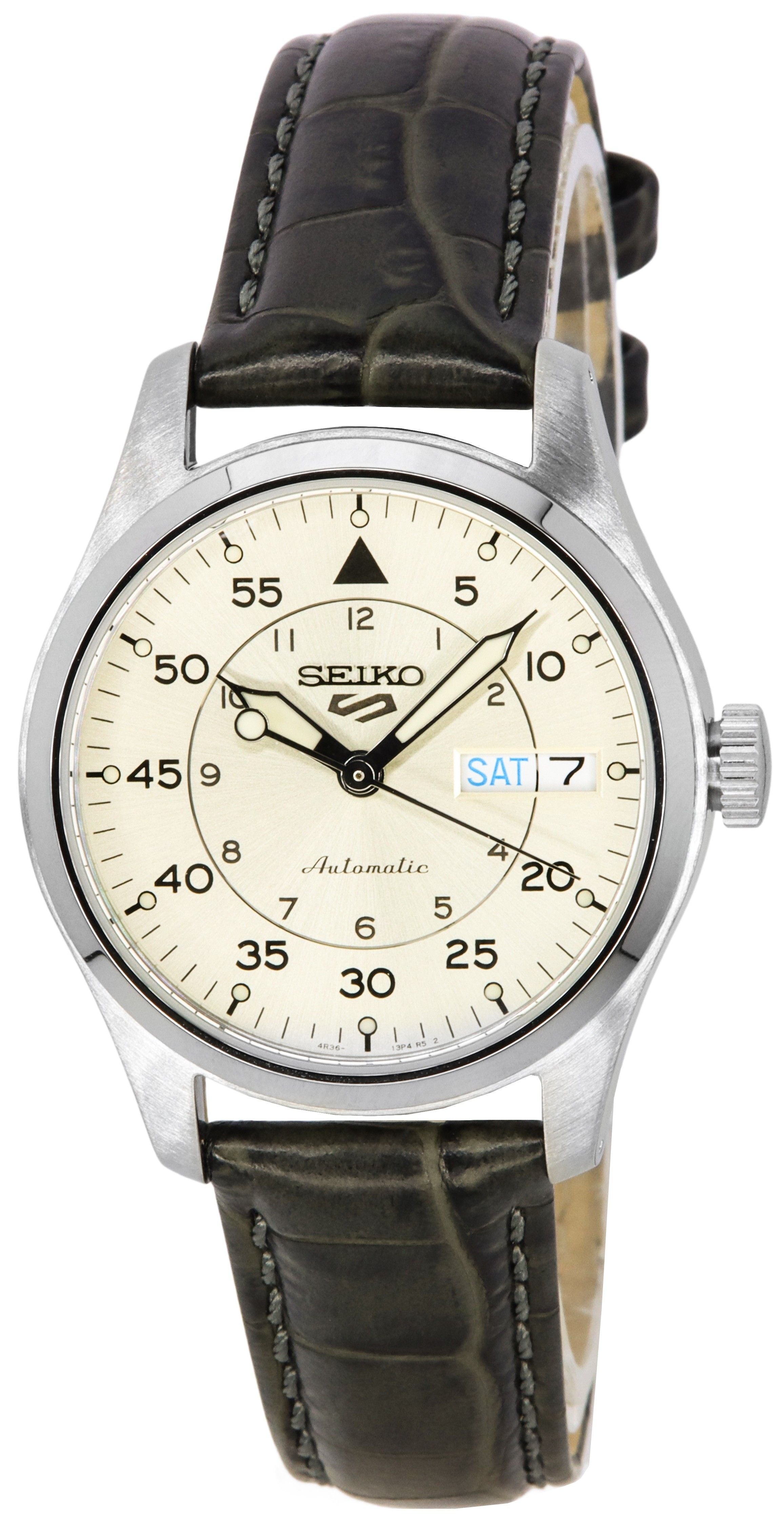 Seiko 5 Sports Champagne Flieger Suit Style Leather Strap Automatic SRPJ87K1 100M Men's Watch