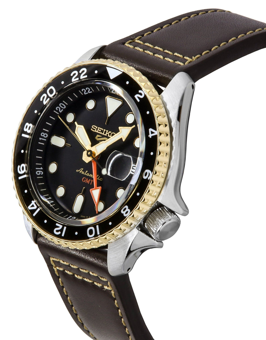 Seiko 5 Sports SKX GMT Leather Strap Black Dial Automatic SSK036K1 100M Men's Watch